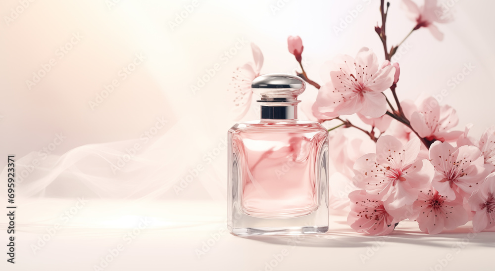 perfume bottle with cherry blossoms on a light background perfume bottle with cherry blossoms on a light background