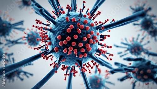 A close up of a virus with red and blue spikes