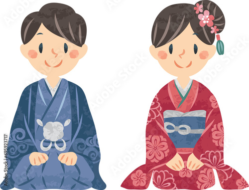 お正月　新年の挨拶をする着物姿の男性と女性　イラスト