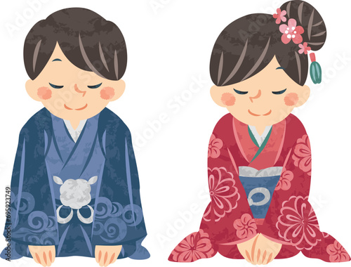 お正月　新年の挨拶をする着物姿の男性と女性　イラスト