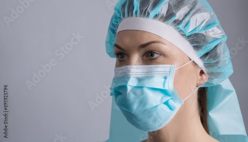 A woman wearing a blue surgical mask