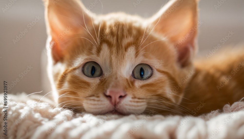 A small orange and white cat laying on a white blanket