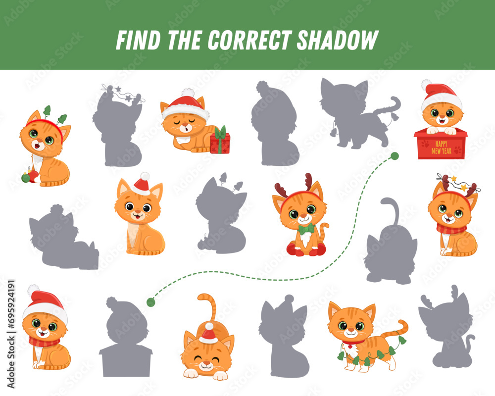 Find correct shadow of cartoon ginger cat. Educational logical game for kids. Funny kitten. Christmas game. Vector illustration Find correct shadow of cartoon ginger cat. Educational logical game for kids. Funny kitten. Christmas game. Vector illustration