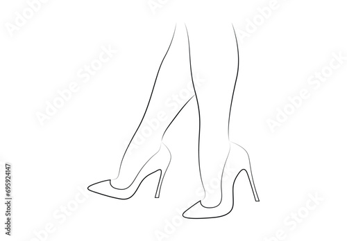 Sketch outline silhouette of female legs in a pose shoes stilettos high heels. Drawing sketch female shoes. White background. Premium vector. 