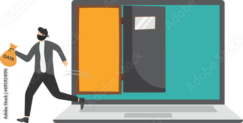 Computer hacker, cyber security, online ransomware or malware to steal personal data from computer, criminal man thief holding bag with the word DATA running away from secret door on laptop computer.

