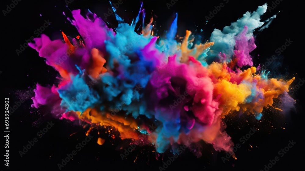 Colorful Smoke Explosion: Vibrant Collage on Black Background