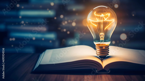 Light bulb glowing on book, idea of ​​inspiration from reading, innovation idea concept, Self learning or education knowledge and business studying concept. photo