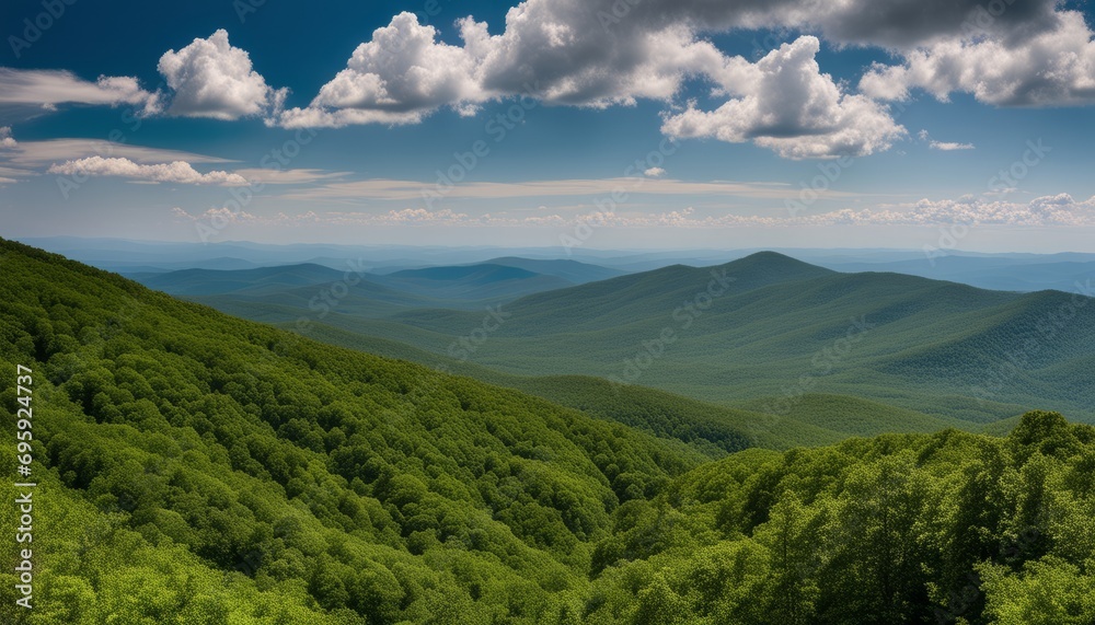 A beautiful view of a green forest with mountains in the background