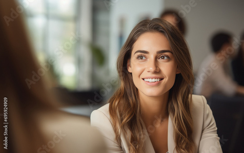 smiling businesswoman or corporate employee in the meeting.