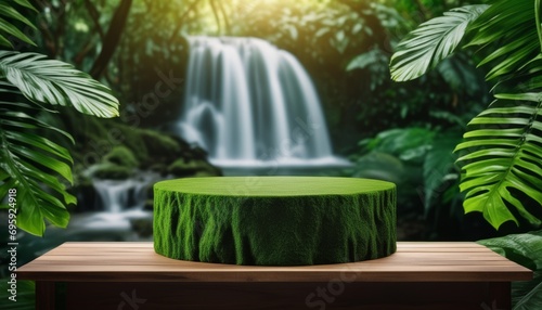 A green object on a wooden table in front of a waterfall