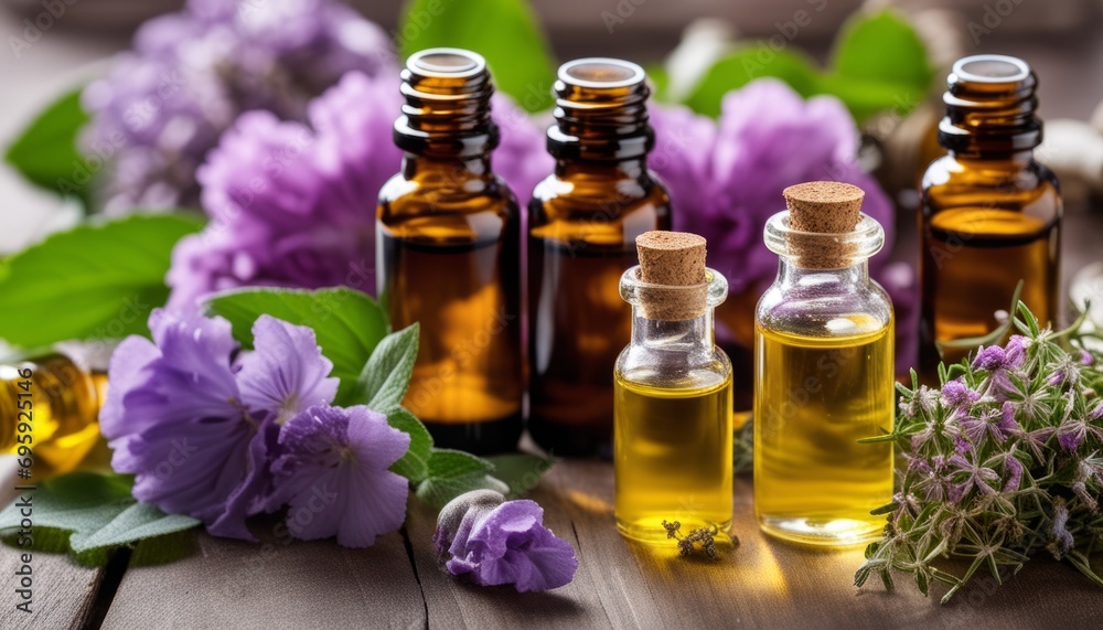 A table with several bottles of oil and flowers A table with several bottles of oil and flowers