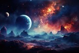 Universe scene with planets, stars and galaxies in outer space showing the beauty of space exploration. Generative AI