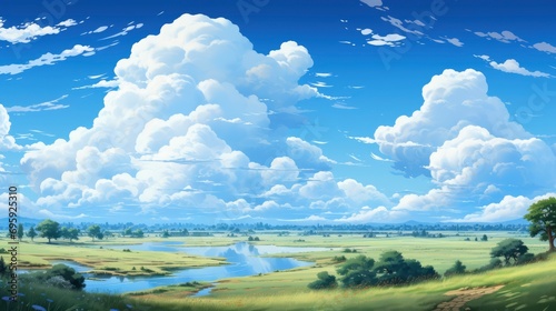 Panorama Blue Sky White Fluffy Clouds  Background Banner HD  Illustrations   Cartoon style