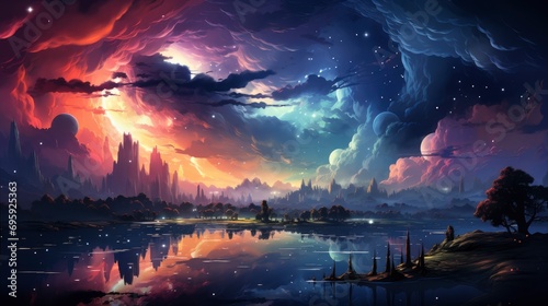 Panorama Milky Way Galaxy Bright Stars, Background Banner HD, Illustrations , Cartoon style