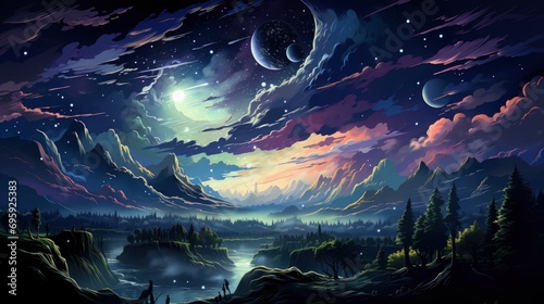 Panorama Milky Way Galaxy Bright Stars, Background Banner HD, Illustrations , Cartoon style © Alex Cuong