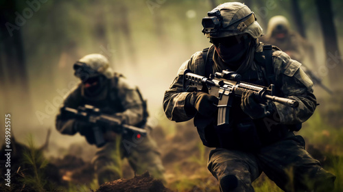 Soldiers in Combat Gear Advancing Cautiously in the Field 