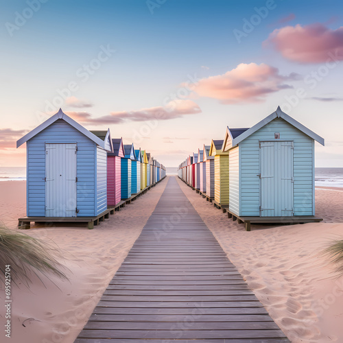 Row of beach huts in pastel colors lining a sandy shore at sunset.