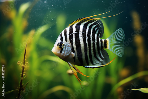 portrait of a zebra Angelfish in tank fish with blurred background (Pterophyllum scalare) photo