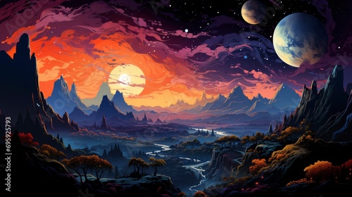 Panoramic View Earth Stars Galaxy Planet, Background Banner HD, Illustrations , Cartoon style photo