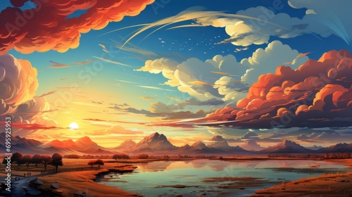 Panoranic Sunrise Sundown Sky Colorful Clouds, Background Banner HD, Illustrations , Cartoon style