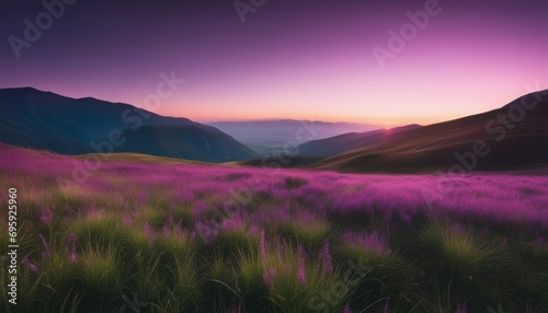 A beautiful purple field with mountains in the background
