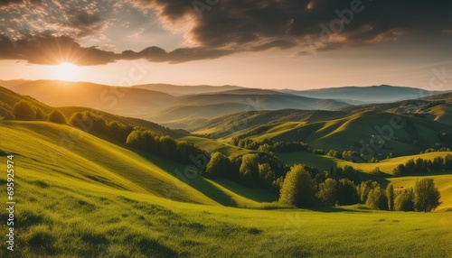 A beautiful sunset over a lush green valley