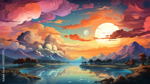 Panoranic Sunrise Sundown Sky Colorful Clouds, Background Banner HD, Illustrations , Cartoon style © Alex Cuong