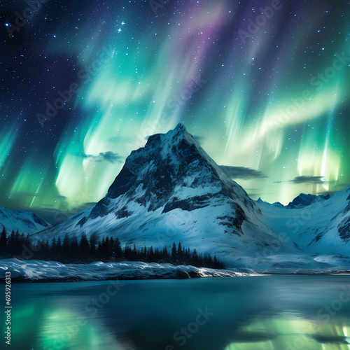 Snow-covered mountain peak under the dancing northern lights
