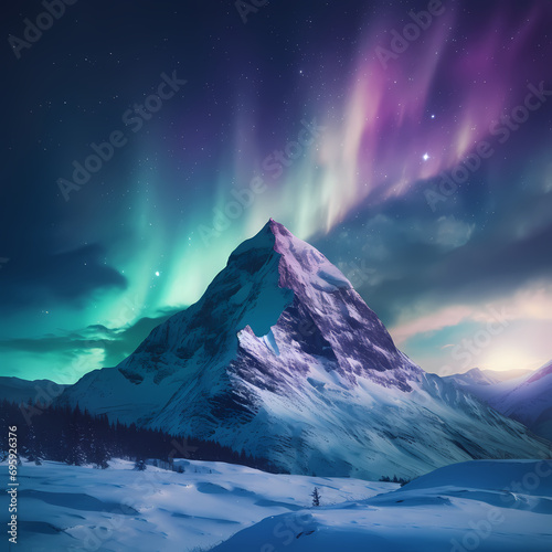 Snow-covered mountain peak under the shimmering northern lights