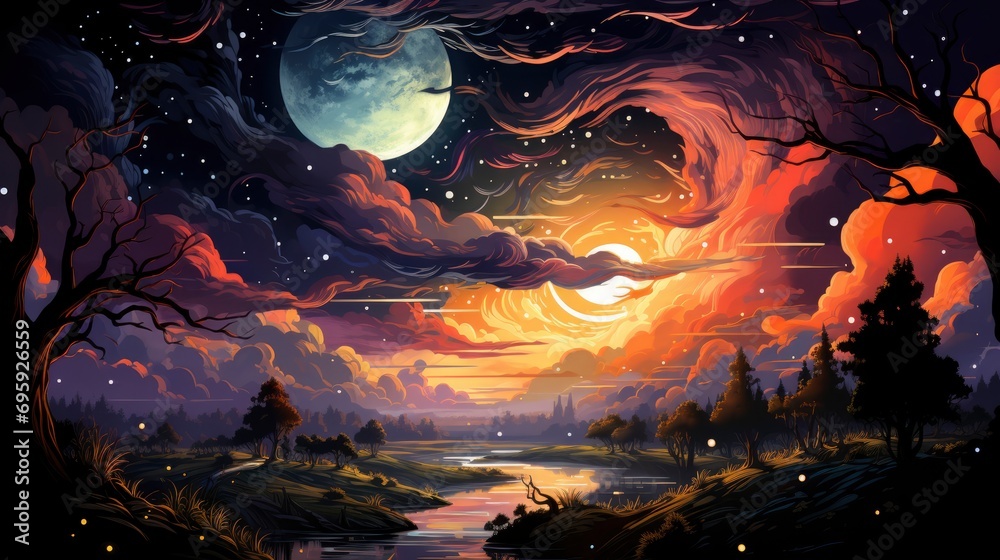 Fototapeta premium Real Sky Stars Crescent, Background Banner HD, Illustrations , Cartoon style