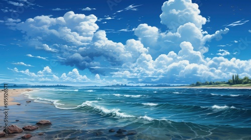 Relaxing Seascape Wide Horizon Sky Sea, Background Banner HD, Illustrations , Cartoon style