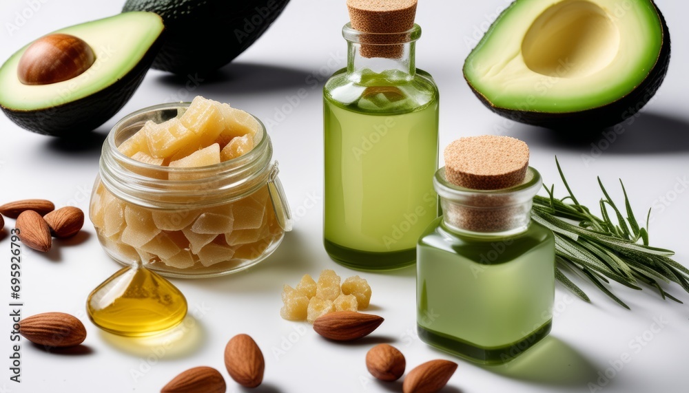 A bottle of oil and a jar of nuts sit on a table A bottle of oil and a jar of nuts sit on a table