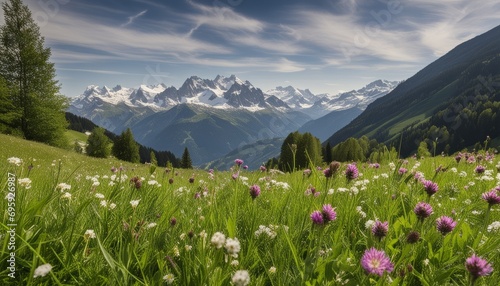 A field of flowers in front of a mountain range