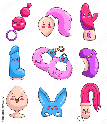 Cute cartoon toys for adults. Sex shop characters. Only good mood. Hand style. Vector drawing. Collection of design elements.