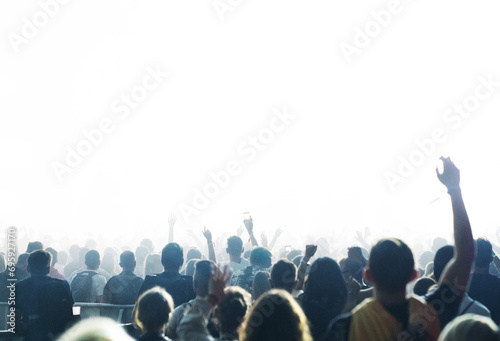 Crowd of people attending a concert. Cut out on white