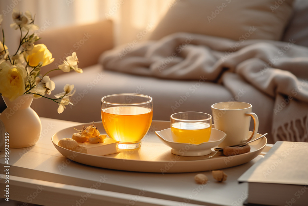 Still life details in home interior of living room. Sweaters and cup of tea with steam on a serving tray on a coffee table. Breakfast over sofa in morning sunlight. Cozy autumn or winter concept Still life details in home interior of living room. Sweaters and cup of tea with steam on a serving tray on a coffee table. Breakfast over sofa in morning sunlight. Cozy autumn or winter concept