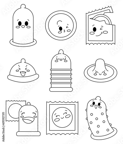 Cute happy condom characters. Coloring Page. Funny kawaii contraceptive cartoon emoticon. Hand drawn style. Vector drawing. Collection of design elements.