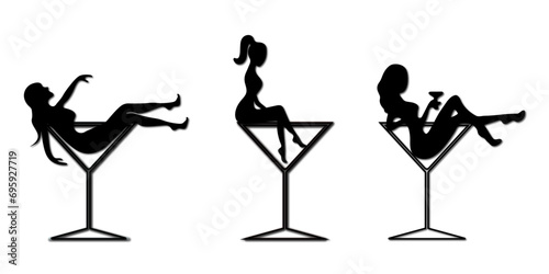 Martini glass icon and girl silhouette for bar or nightclub