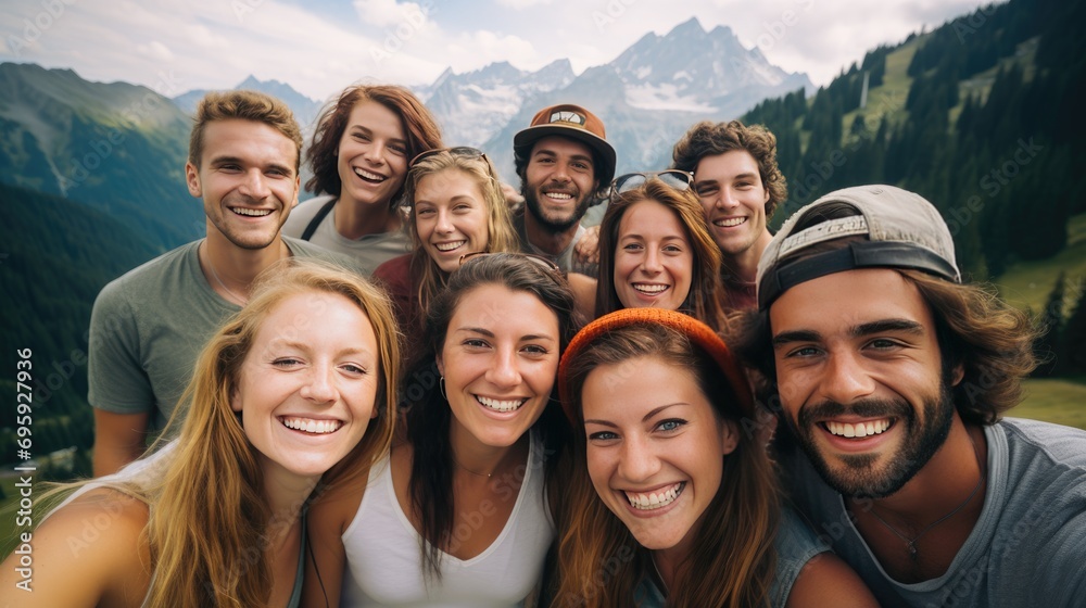 selfie of group of diverse young people friends hiking in the mountains