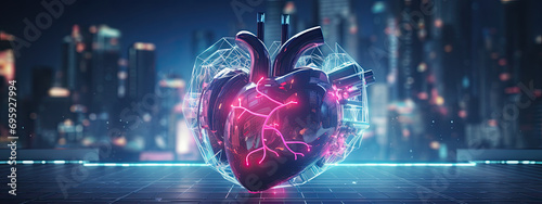 an image of a heart on an electronic background, 3d illustration of a human heart