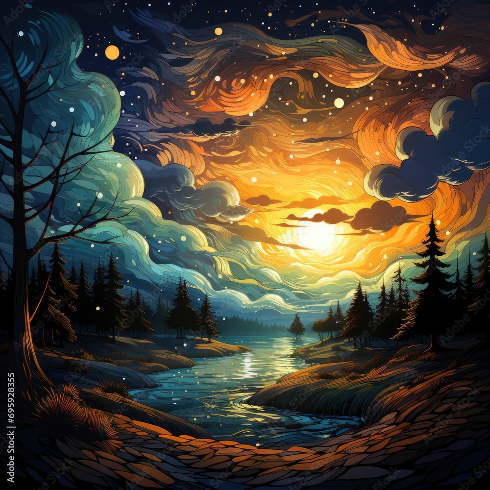 Obraz premium Starry Night Sky Clouds, Background Banner HD, Illustrations , Cartoon style