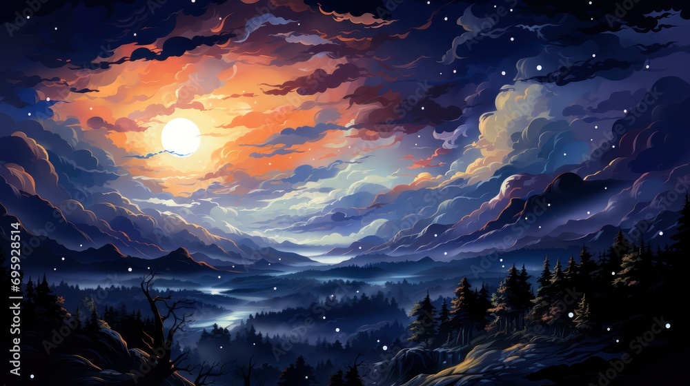 Stars Milky Way Dark Night Sky, Background Banner HD, Illustrations , Cartoon style