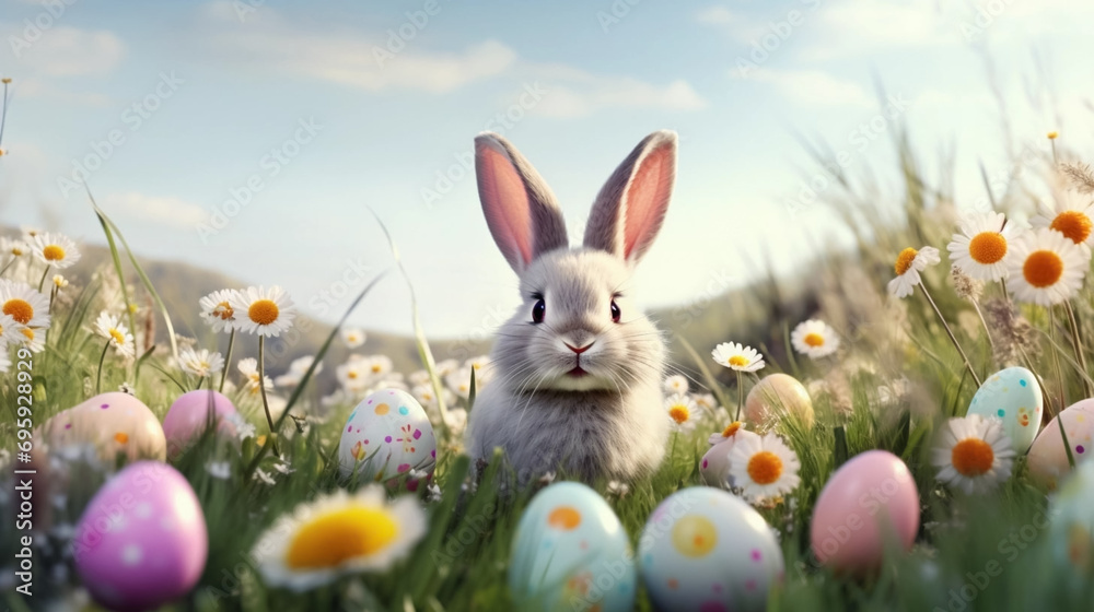 copy space, stockphoto, Cute Cartoon Spring Easter Bunny in a Field of Flowers and Easter Eggs. Easter mockup. Beautiful easter greeting card, invitation. Poster. copy space, stockphoto, Cute Cartoon Spring Easter Bunny in a Field of Flowers and Easter Eggs. Easter mockup. Beautiful easter greeting card, invitation. Poster.