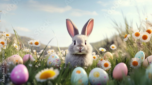 copy space, stockphoto, Cute Cartoon Spring Easter Bunny in a Field of Flowers and Easter Eggs. Easter mockup. Beautiful easter greeting card, invitation. Poster.