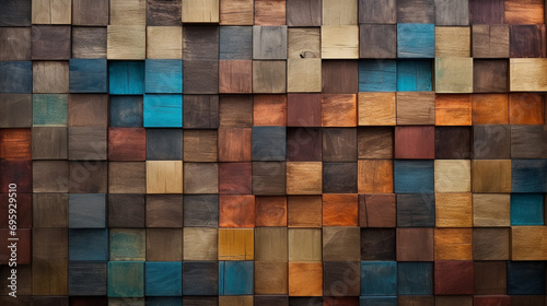 Abstract block stack of aged wood art architecture texture on the wall, creating a colorful and textured backdrop.