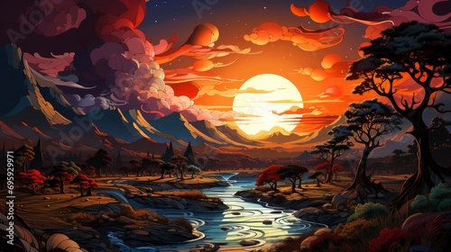 Sunset Sun Ray, Background Banner HD, Illustrations , Cartoon style