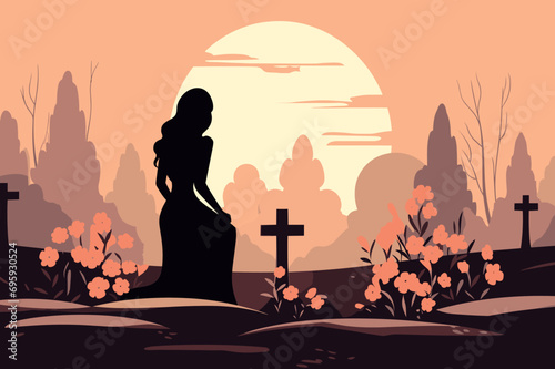 lonely woman in the cemetery mourns at the grave vector illustration