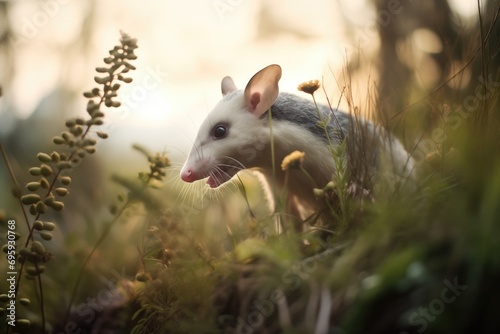 opossum foraging through underbrush in twilight