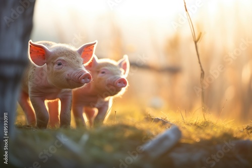 piglets first steps in morning sun