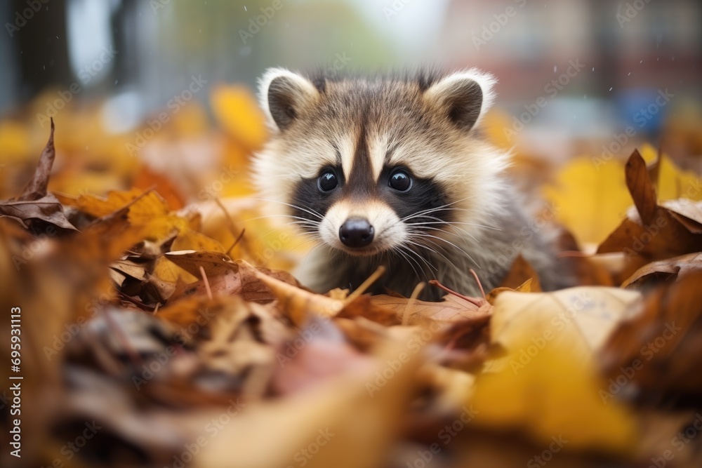 raccoon amidst fallen city leaves in autumn - obrazy, fototapety, plakaty 